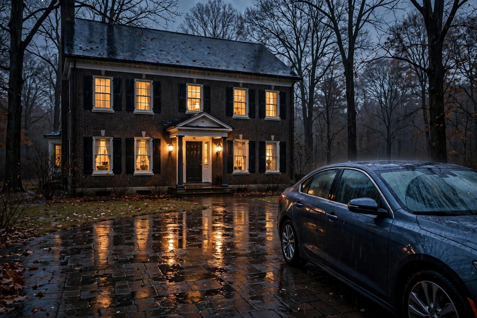 Stately dark-brick colonial home in the rain at dusk with a wet paver driveway and lit windows