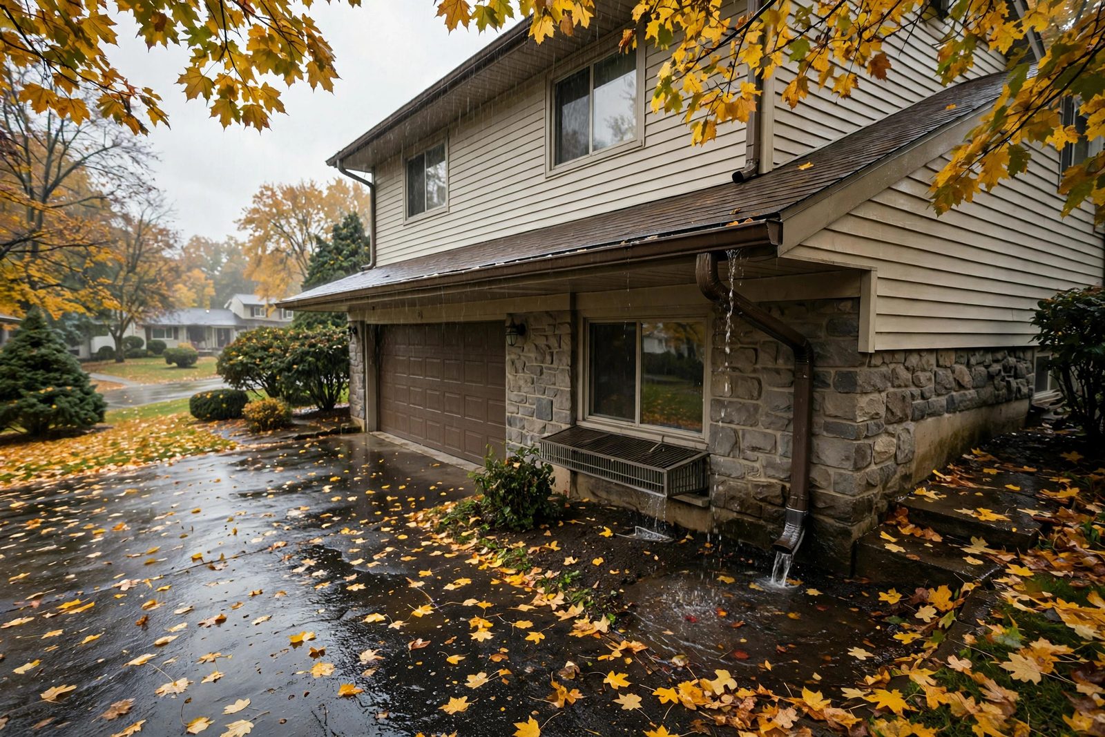 Split-level suburban home in an autumn drizzle with a wet sloped driveway and fallen leaves