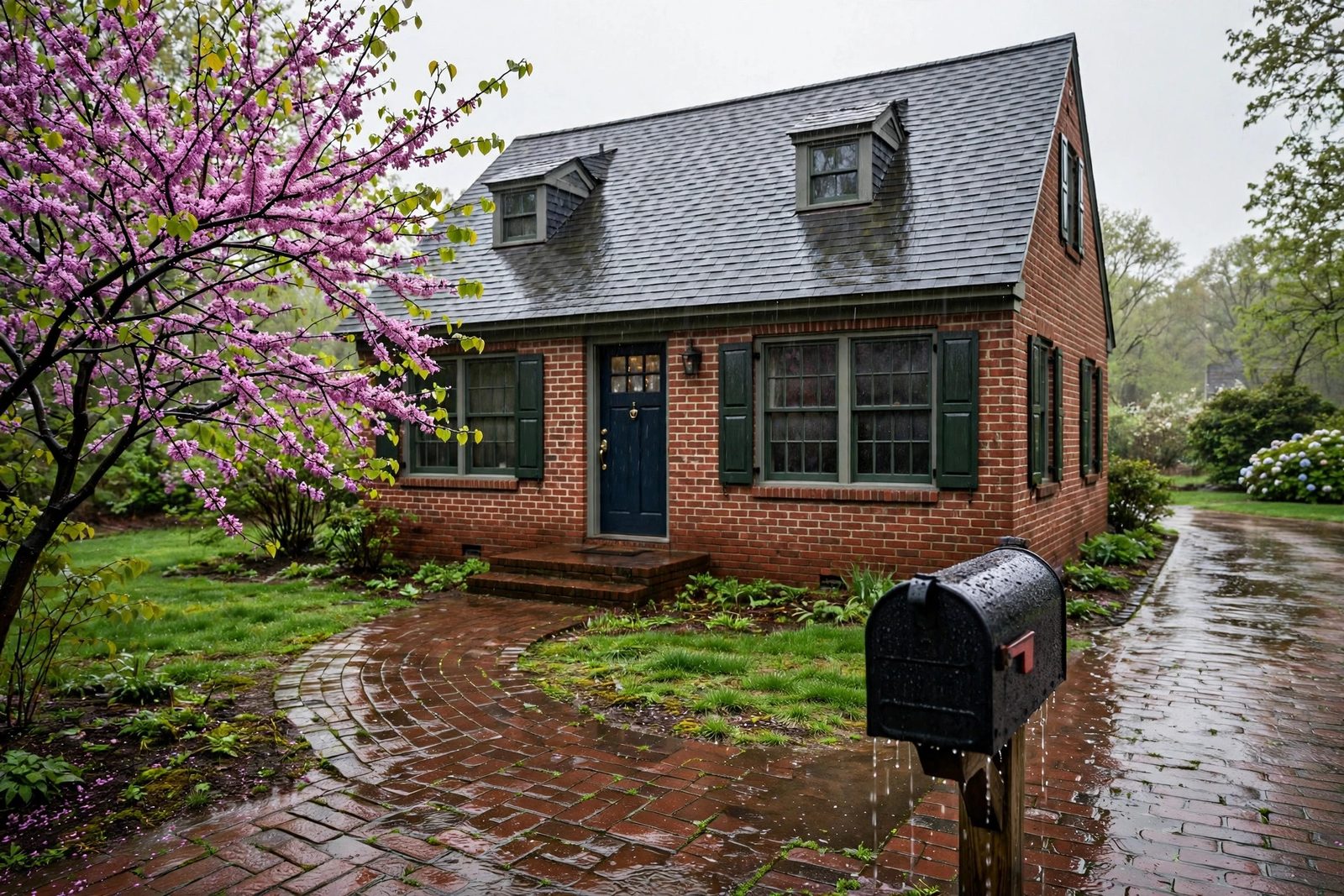 Brick cape-cod home in spring rain with a flowering redbud tree and a wet brick walkway