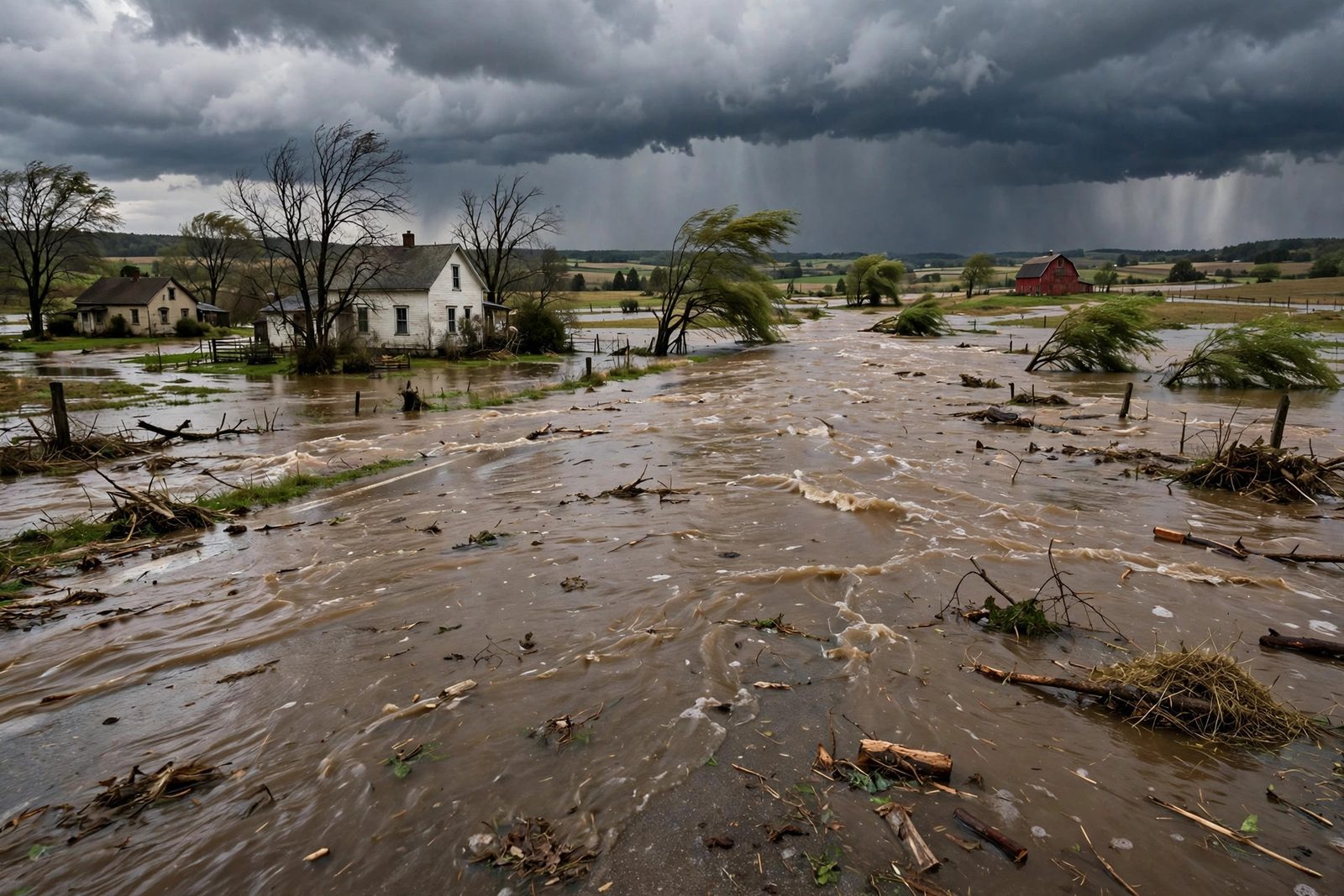 River flooding over a rural road near farmhouses with fields under water