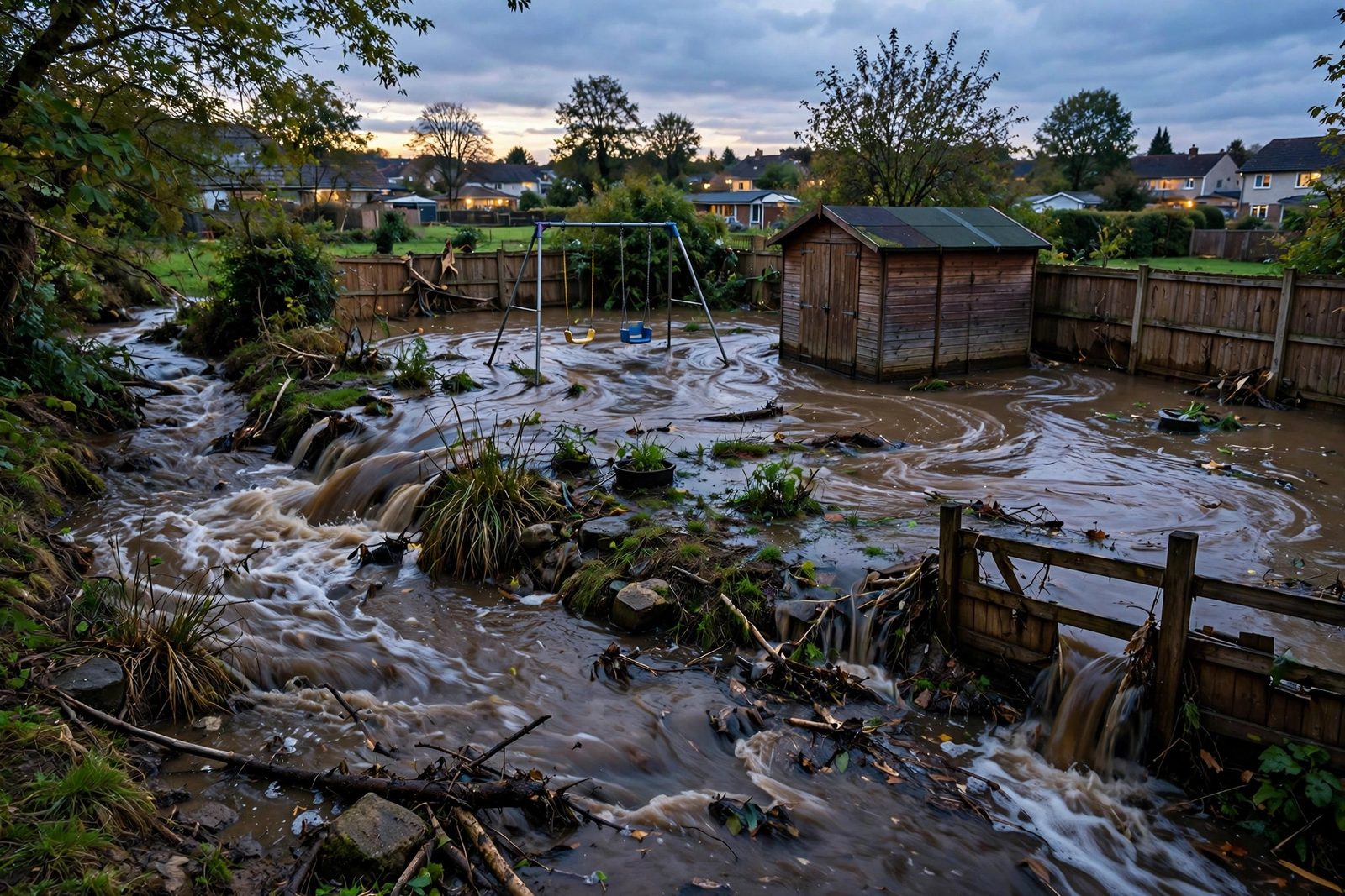 Creek overflowing into a suburban backyard swirling around a swing set and shed