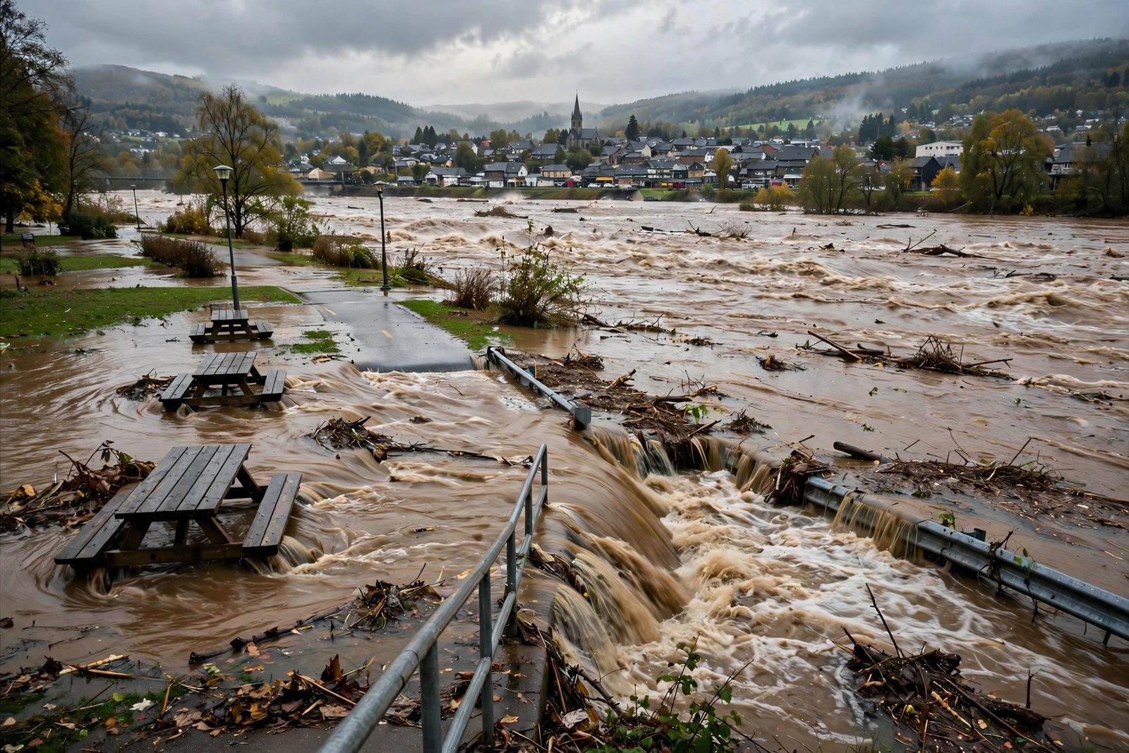 River at flood stage spilling over a riverside park with submerged picnic tables near a small town