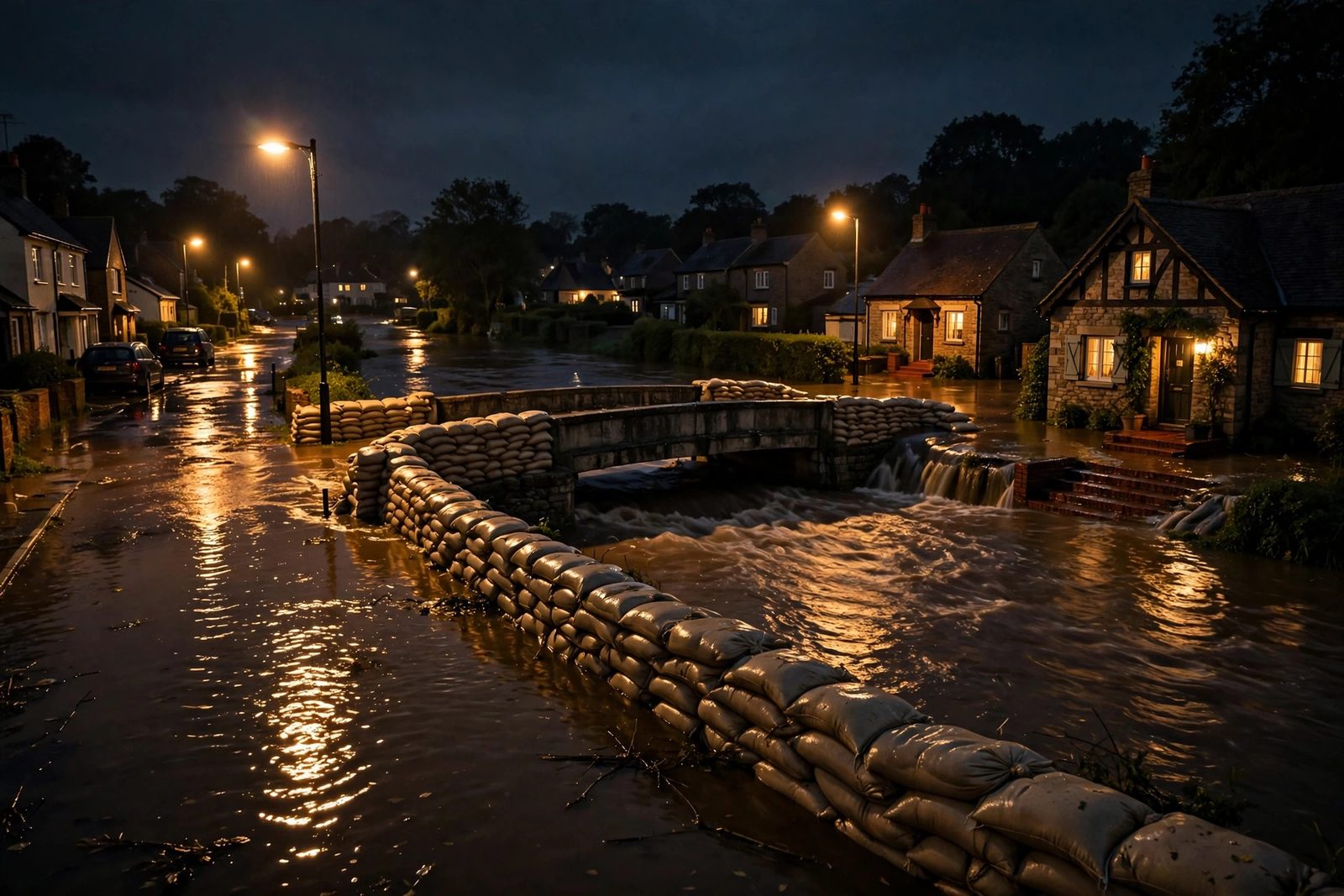 River flooding at night near a residential street with water reaching riverside cottage steps