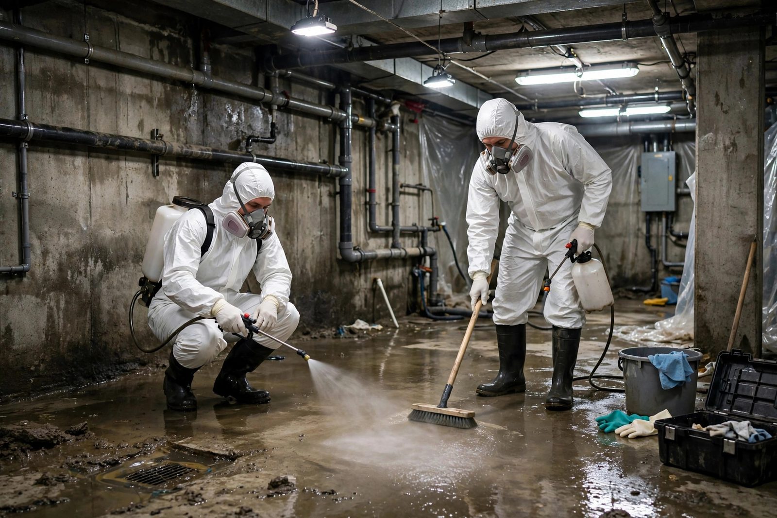 Restoration crew in full protective suits sanitizing a basement floor after a sewage backup