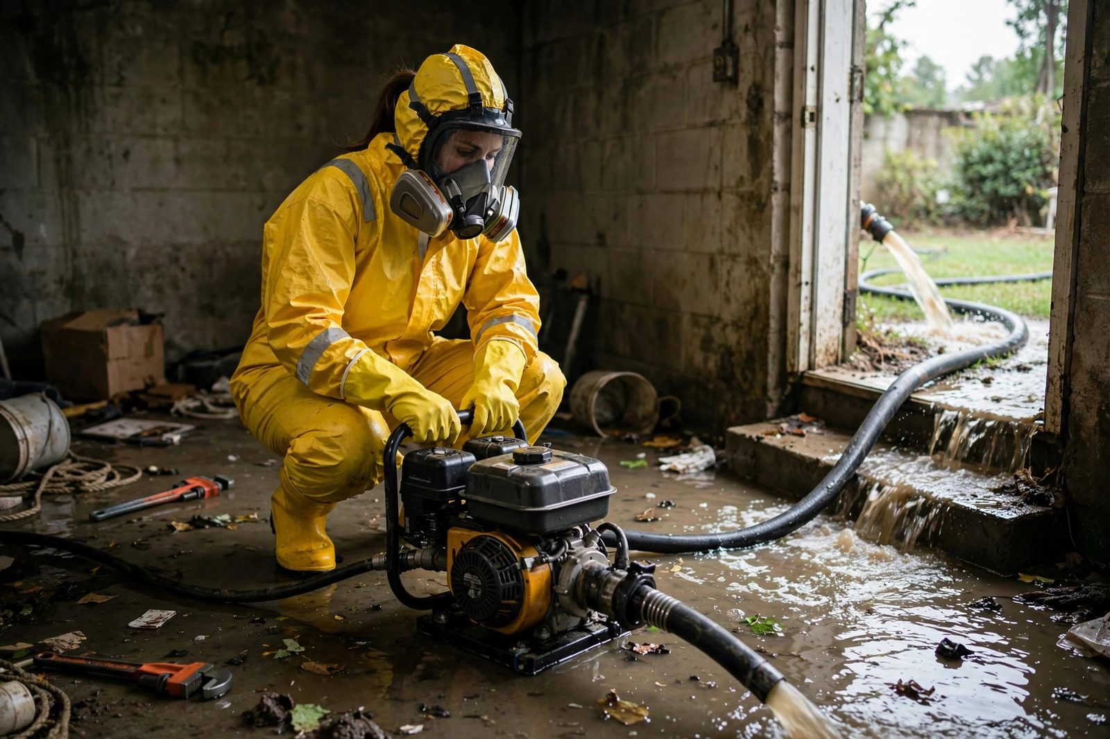 Technician in a yellow protective suit pumping sewage water from a flooded basement