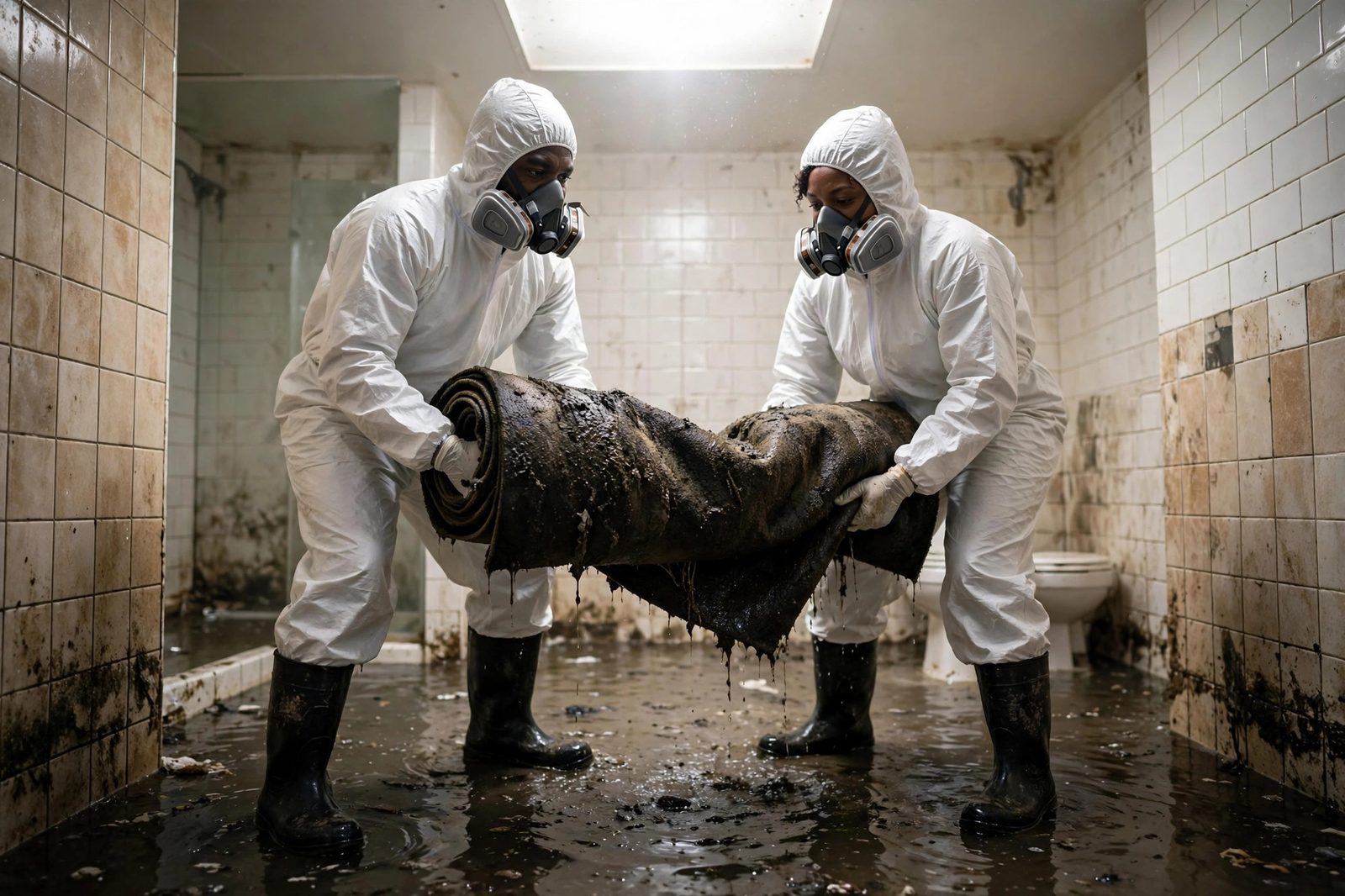 Two workers in white protective suits lifting a contaminated carpet from a flooded bathroom