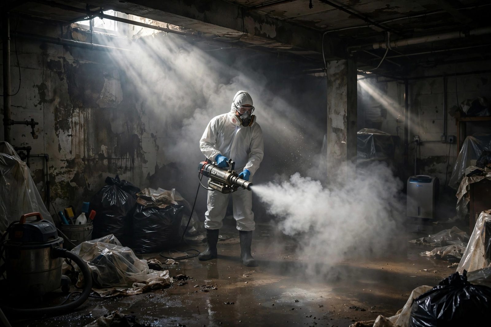 Technician in protective gear fogging a basement with antimicrobial mist after sewage cleanup