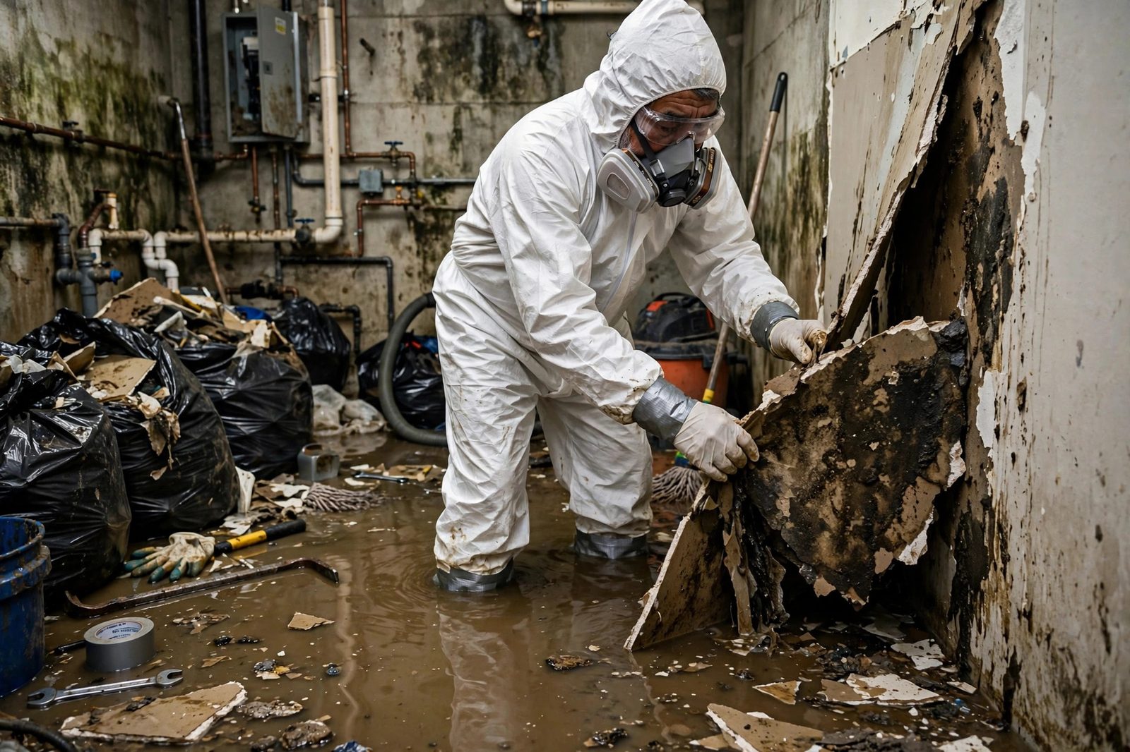 Technician in a white protective suit removing damaged drywall in a flooded utility room after a sewage backup