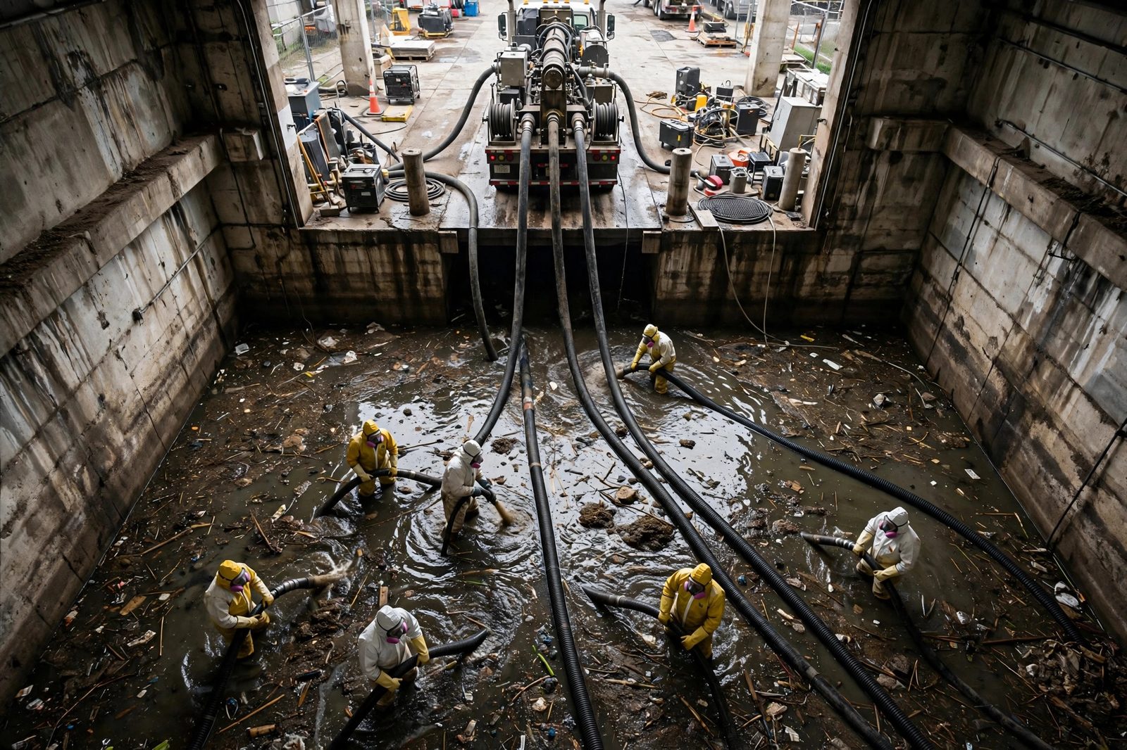 High-angle view of a crew in protective suits extracting sewage water from a large commercial basement