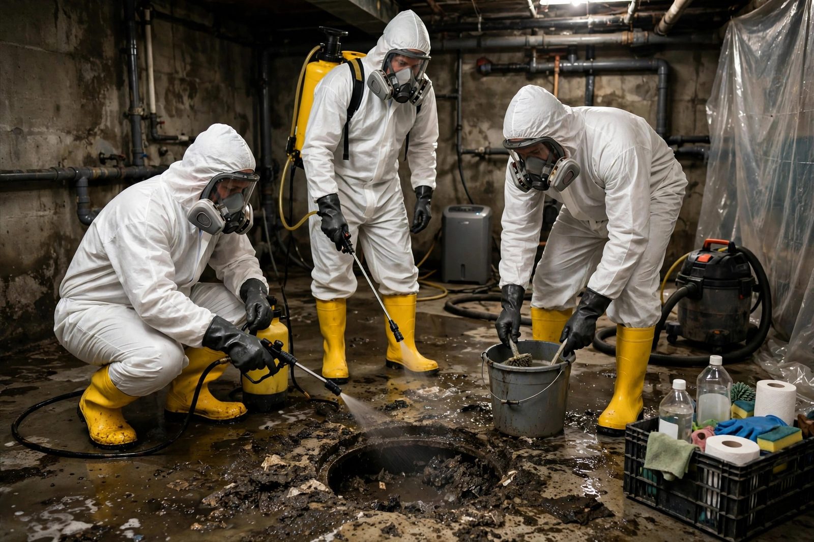 Crew sanitizing after a sewage backup