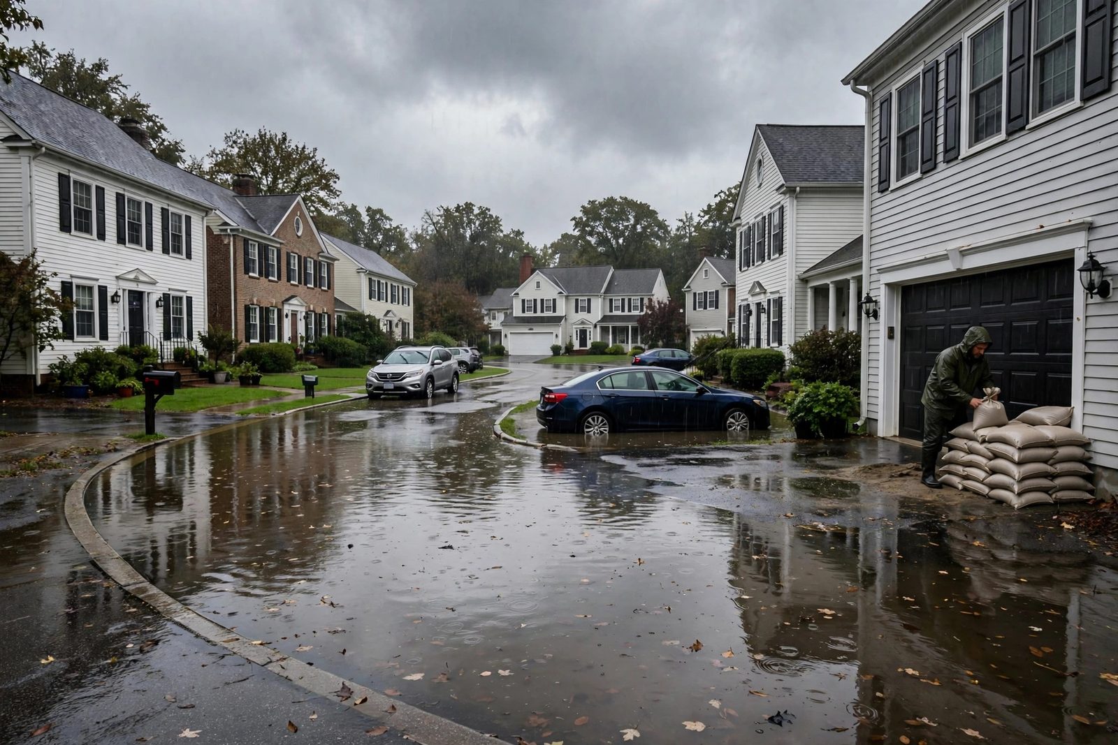 Resident stacking sandbags at a garage as floodwater pools in a suburban cul-de-sac