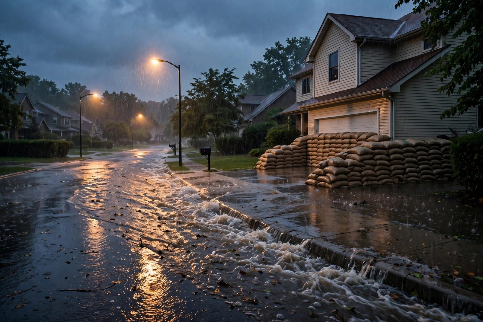 Rain-flooded suburban street at dusk with a sandbag wall protecting a corner house garage