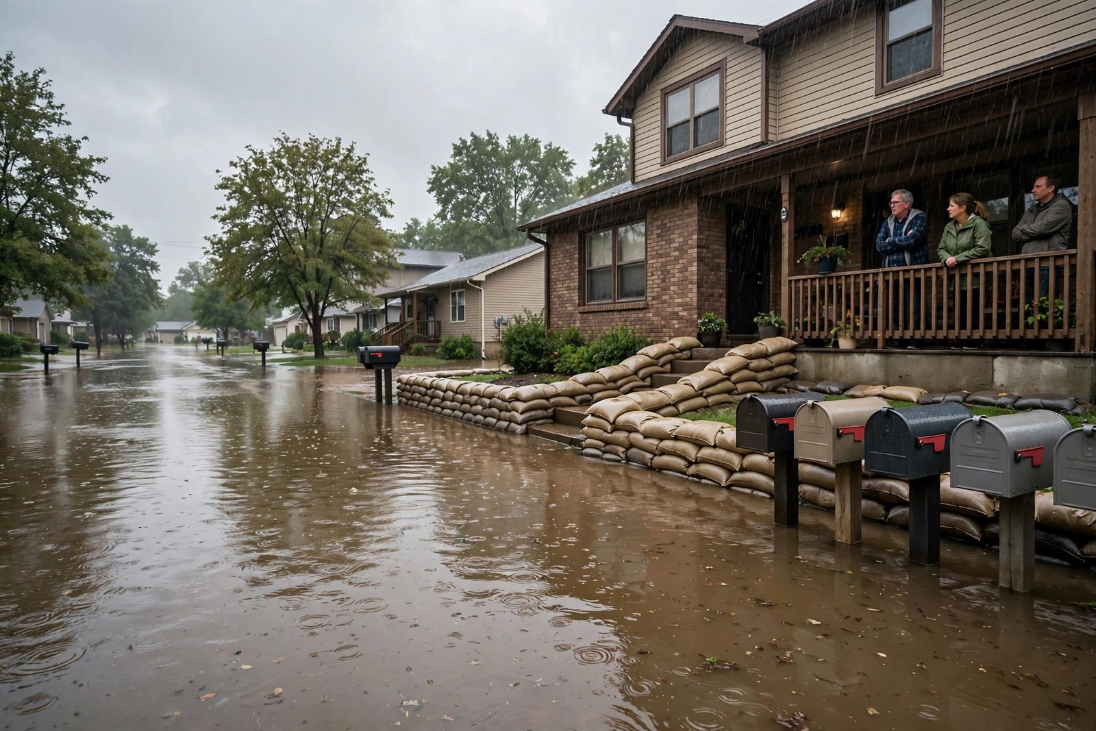Floodwater halfway up mailboxes with a sandbag barrier in front of a split-level home