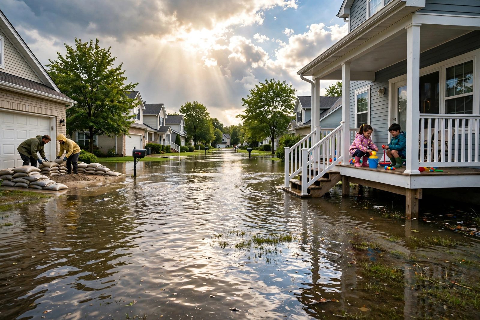 Family sandbagging a garage as floodwater covers lawns after a summer thunderstorm