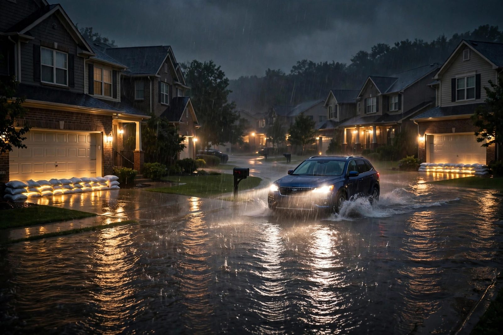 Flooded suburban street at night with sandbag lines at garages and a car driving through water