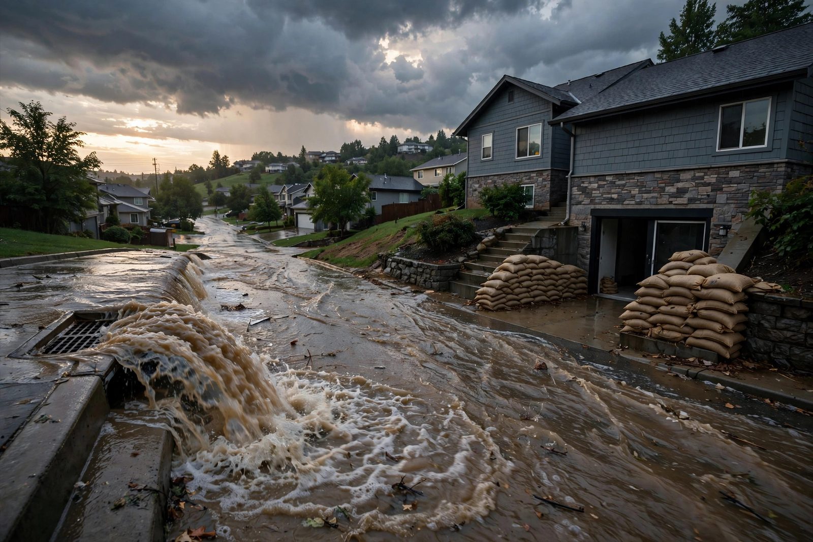 Water flowing from an overflowing storm drain with sandbags at a hillside home's walkout basement door