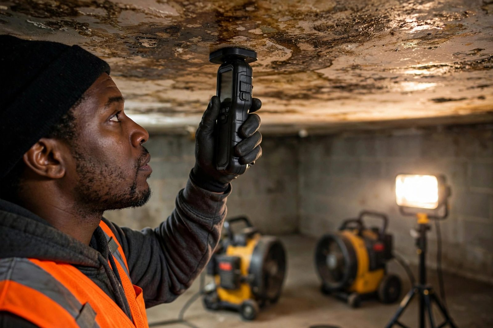 Technician pressing a moisture meter to a water-stained basement ceiling with air movers behind