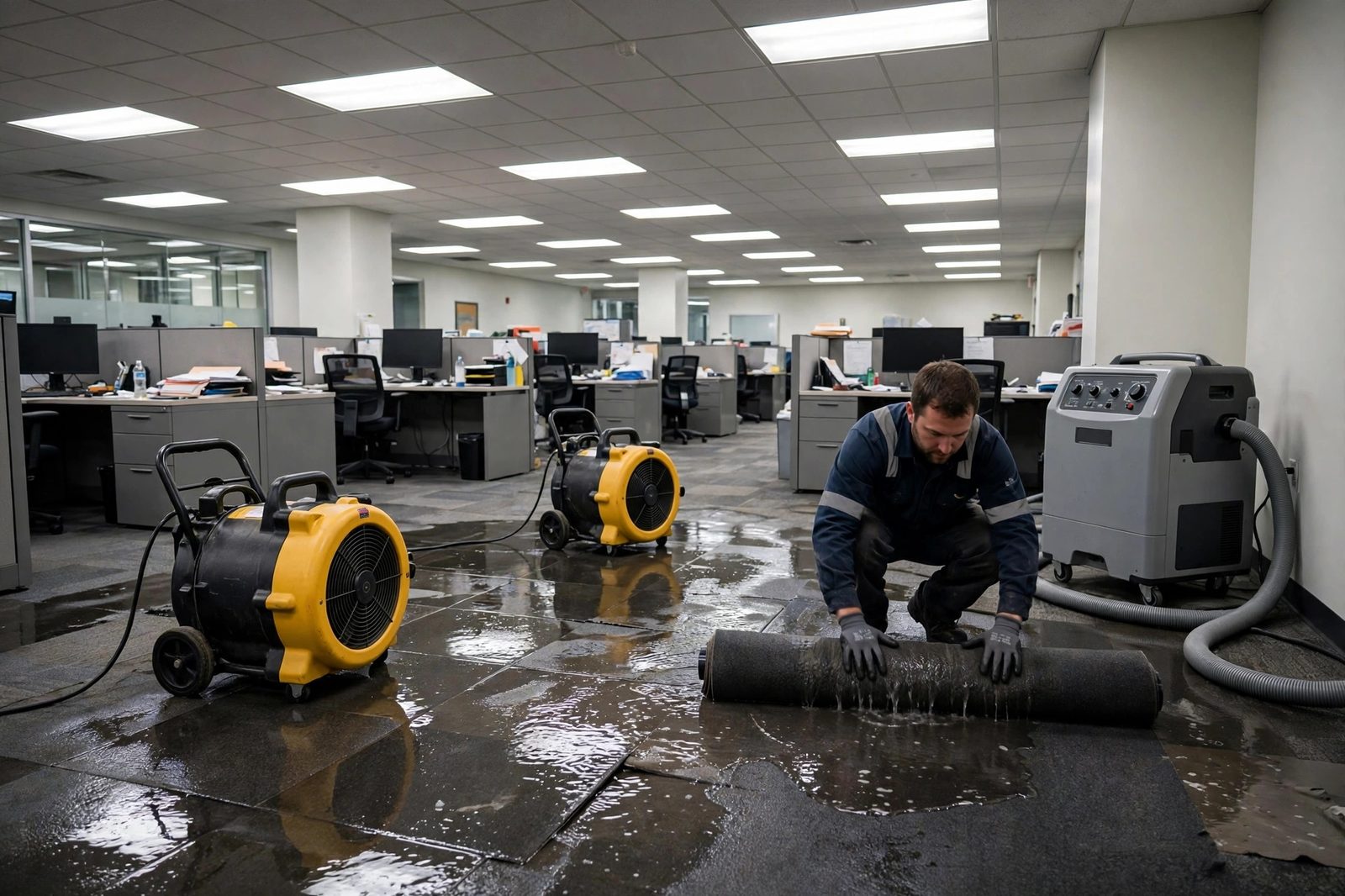 Dehumidifier and air movers drying a commercial office with wet carpet tiles