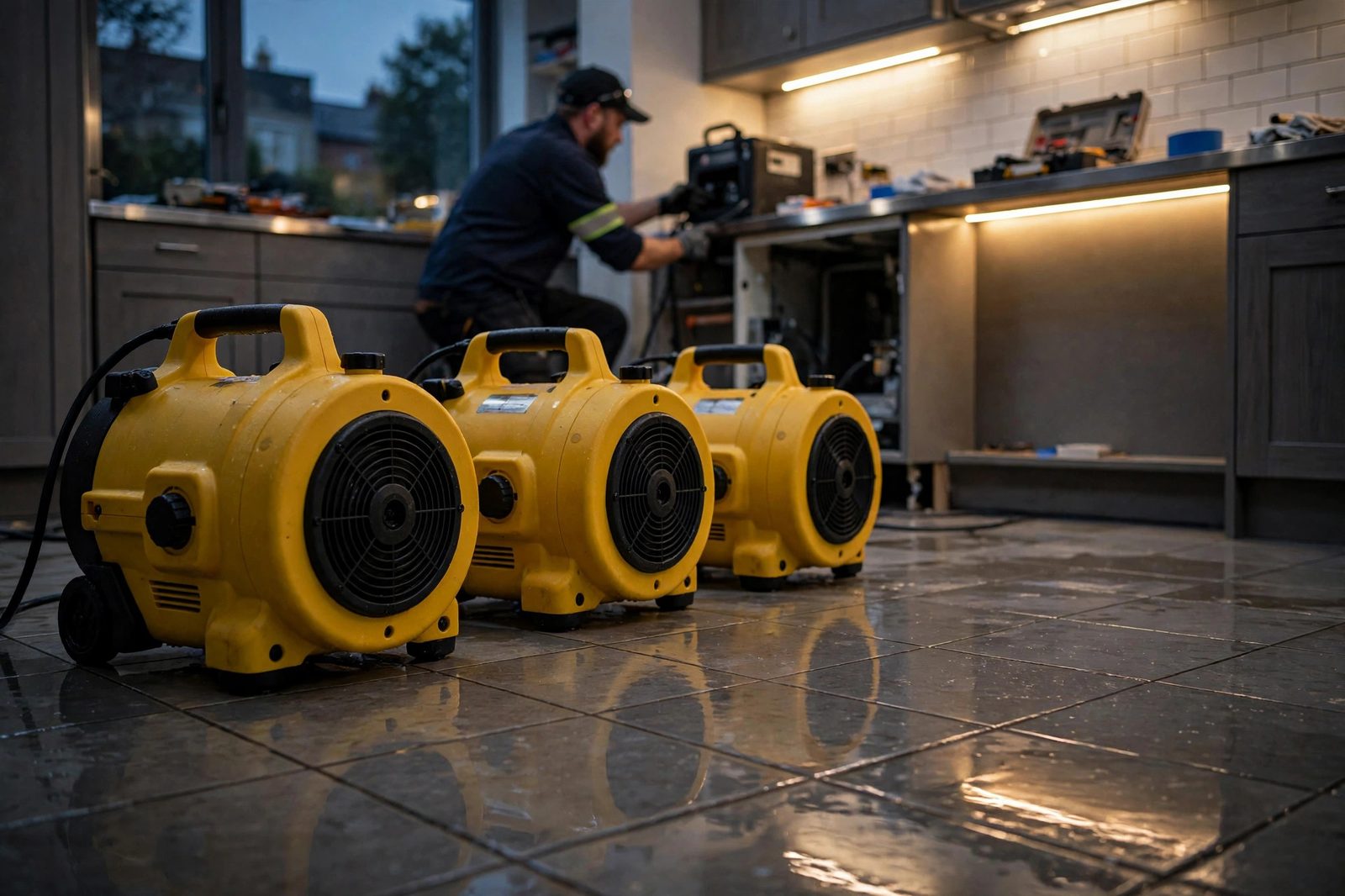 Low-angle view of industrial air movers drying a wet tiled kitchen floor at dusk