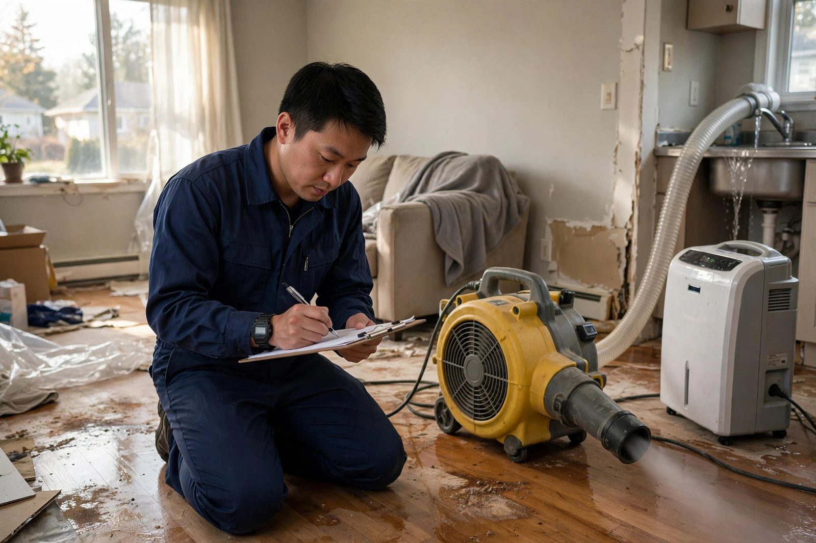 Technician writing moisture readings on a clipboard beside an air mover in a drying living room