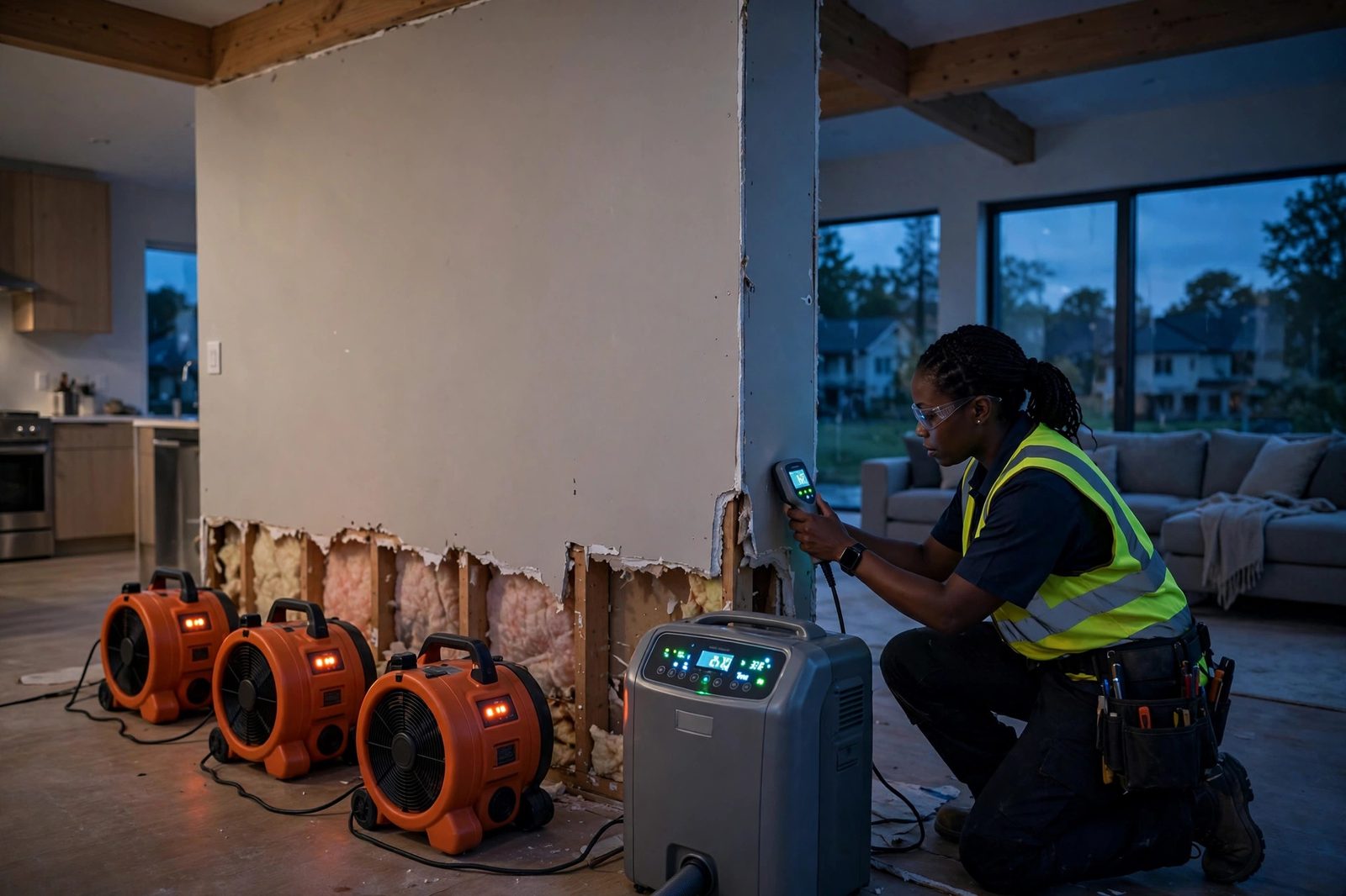 Technician with a digital moisture meter checking walls in an open-concept home being dried by air movers and a dehumidifier at dusk