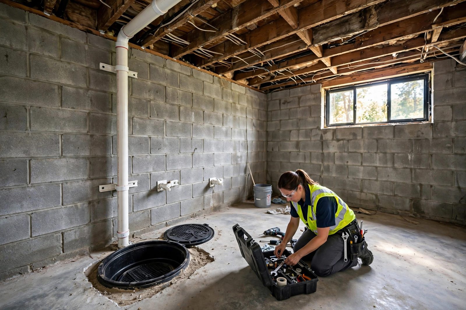 Female technician kneeling beside a sump pump basin in an unfinished basement with PVC discharge pipe running up the cinder block wall