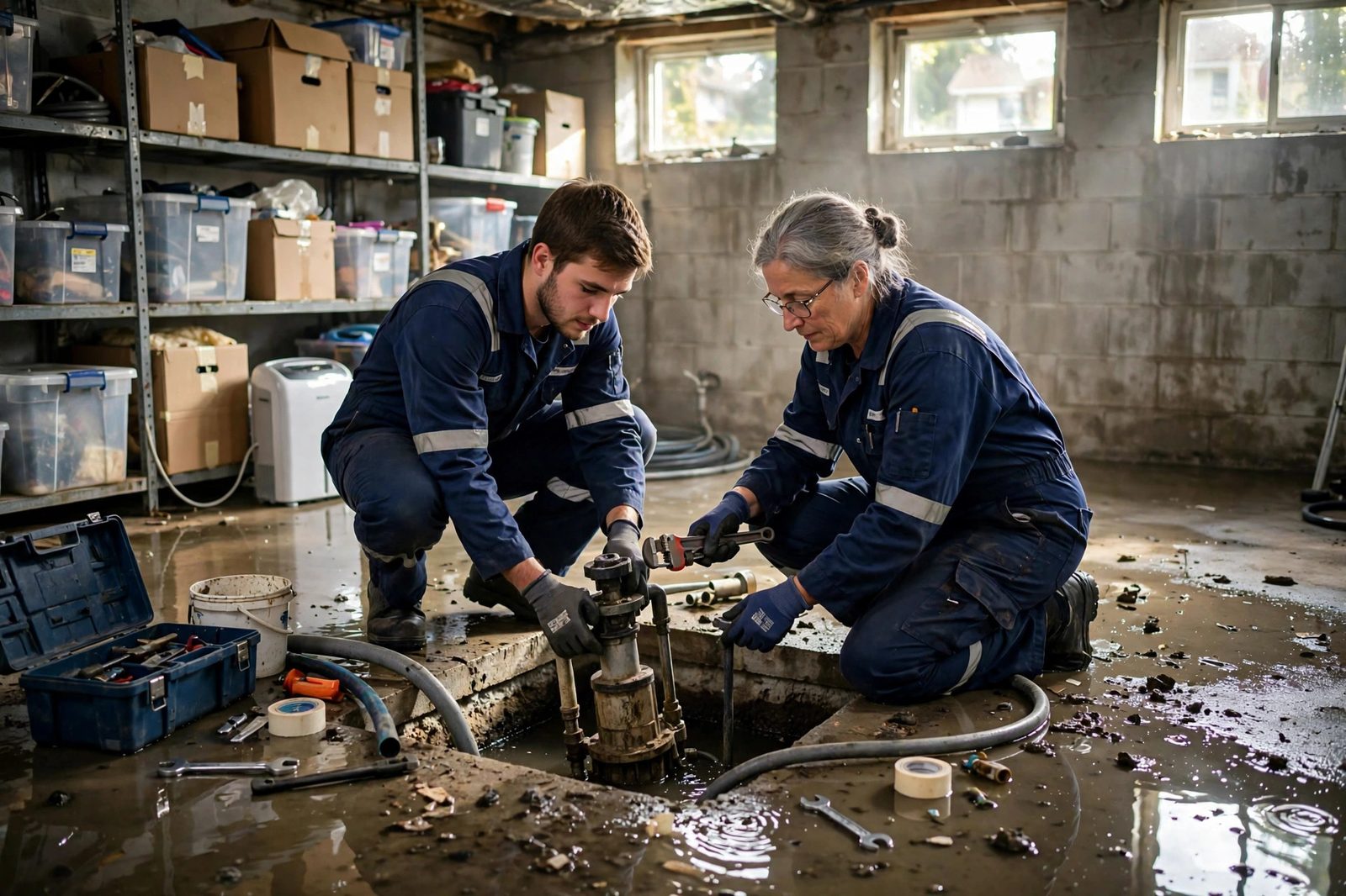 Two restoration workers replacing a sump pump in a flooded suburban basement with standing water and storage boxes