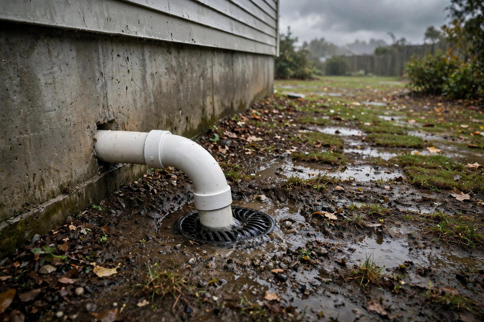 Exterior view of a house foundation where a white PVC sump pump discharge pipe exits into a rain-soaked yard after a storm
