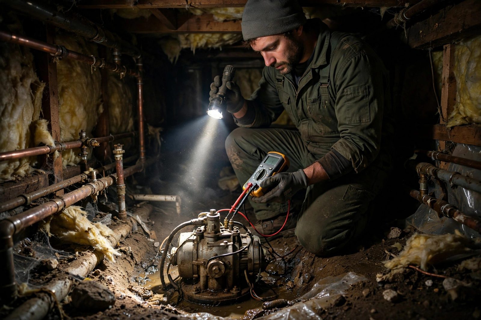 Technician testing a sump pump motor with a multimeter in a dark crawlspace lit by a flashlight beam