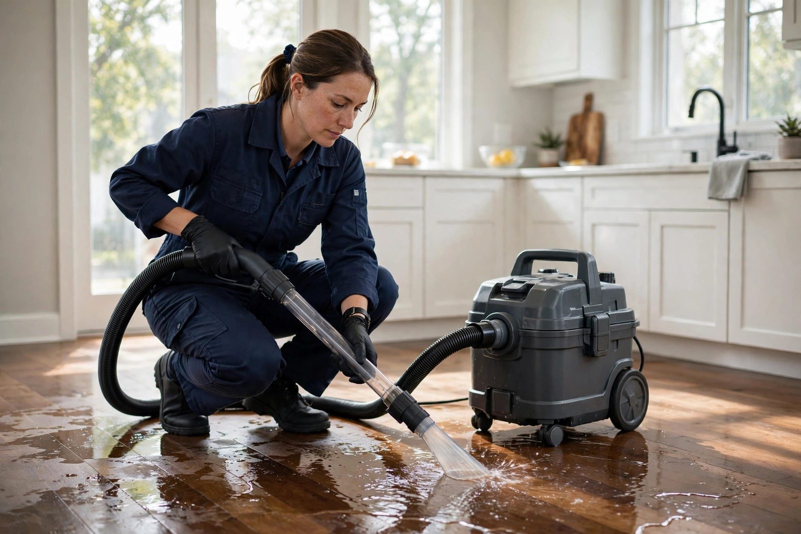 Female technician using a portable extractor on wet hardwood kitchen floors in morning light