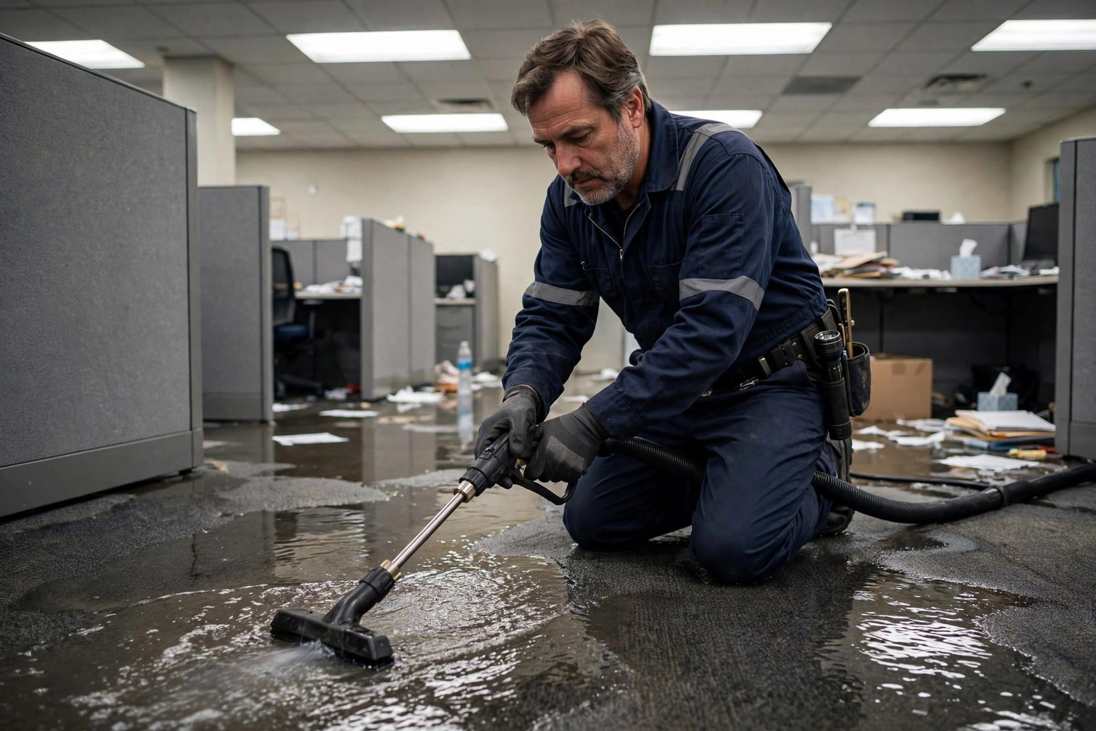 Technician guiding an extraction wand across flooded office carpet under fluorescent lights