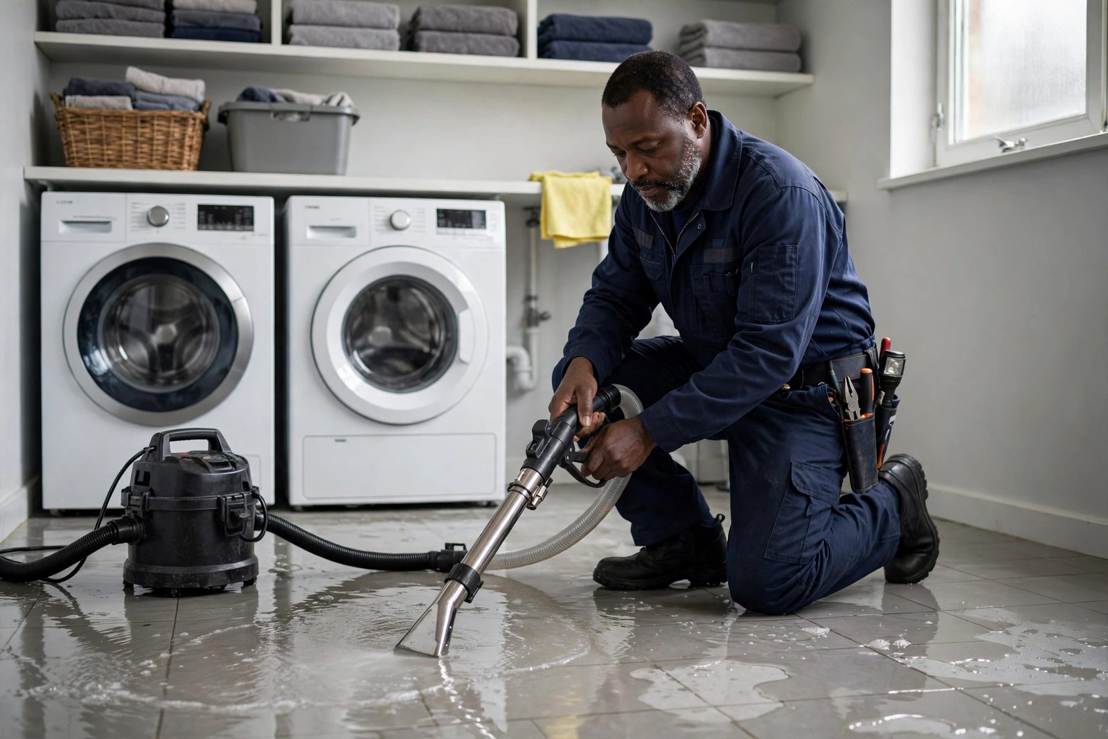 Technician using an extraction tool on a flooded tiled laundry room floor