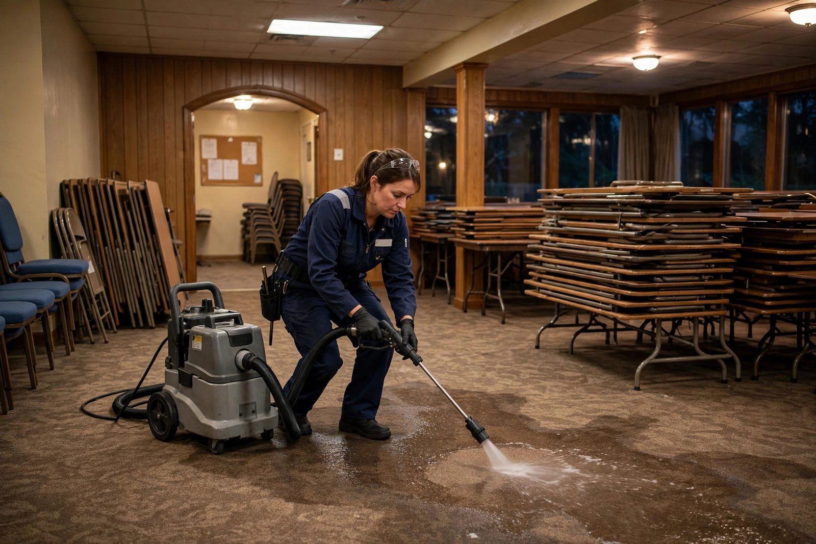 Female technician extracting water from carpet in a church fellowship hall at night