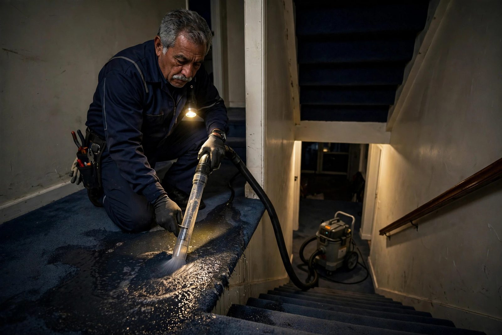 Technician extracting water from a carpeted stairway landing at night with a flashlight