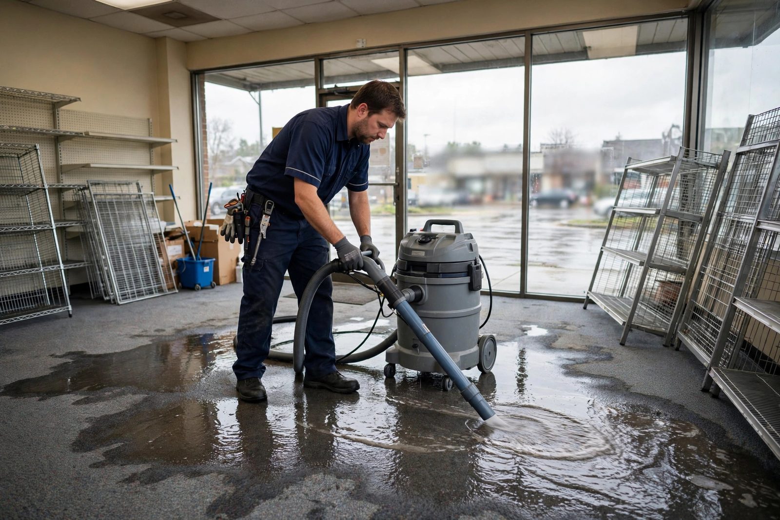 Technician operating extraction equipment on soaked carpet inside a small retail store