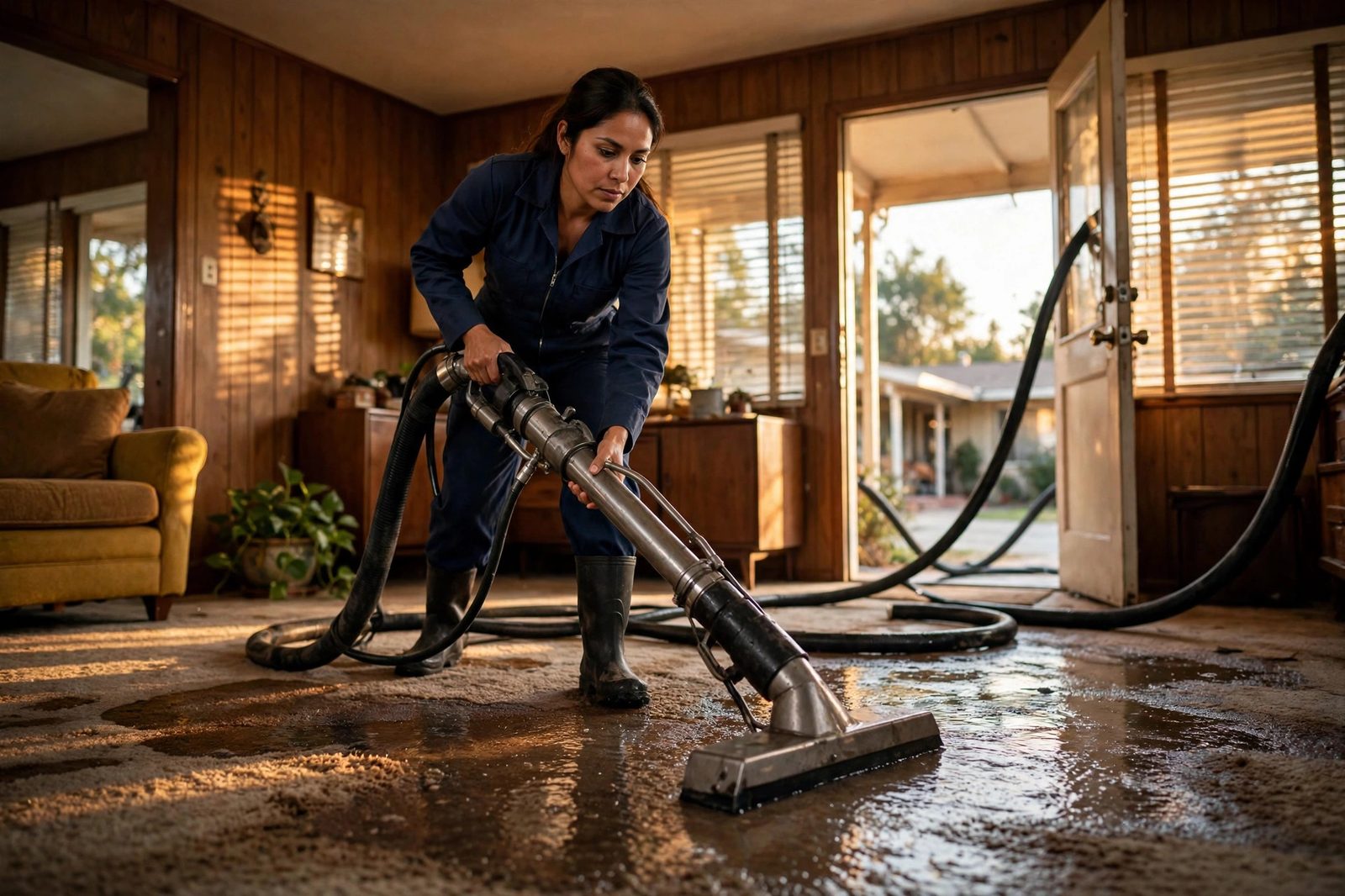Latina water damage technician in navy uniform operating a truck-mount extraction wand across soaked carpet in a ranch home living room