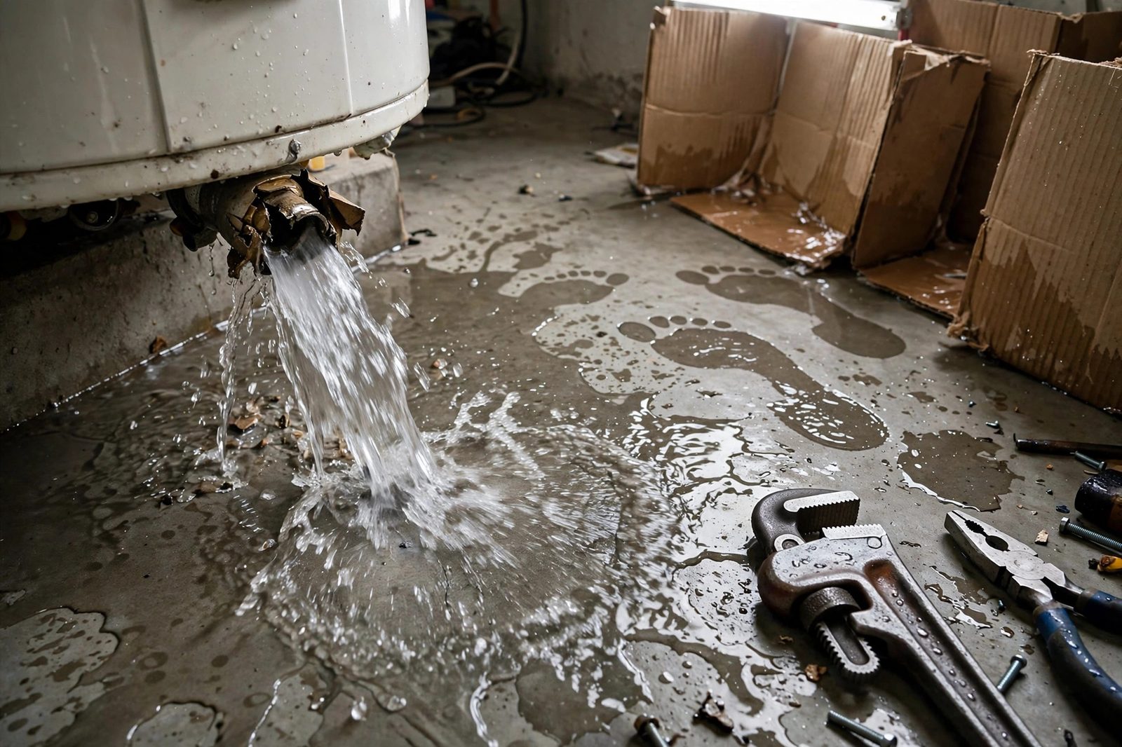 Close-up of water streaming from a burst water heater drain valve onto a garage floor