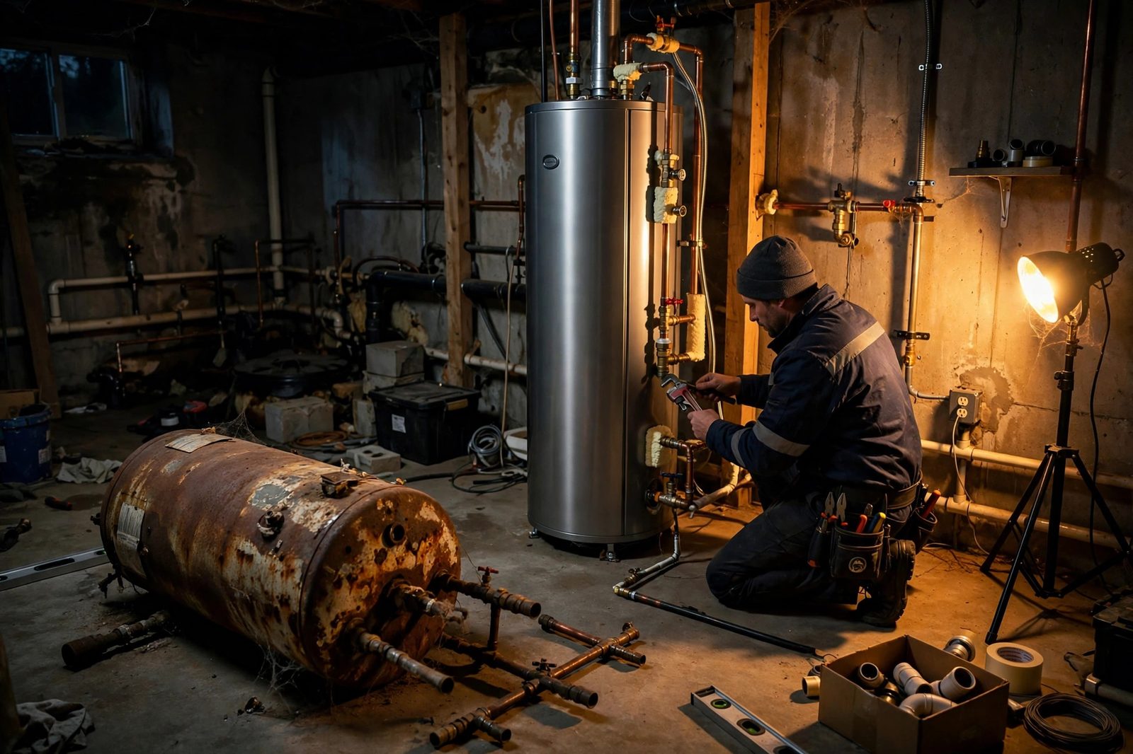 Technician installing a new water heater at night in a basement utility room beside an old rusted tank